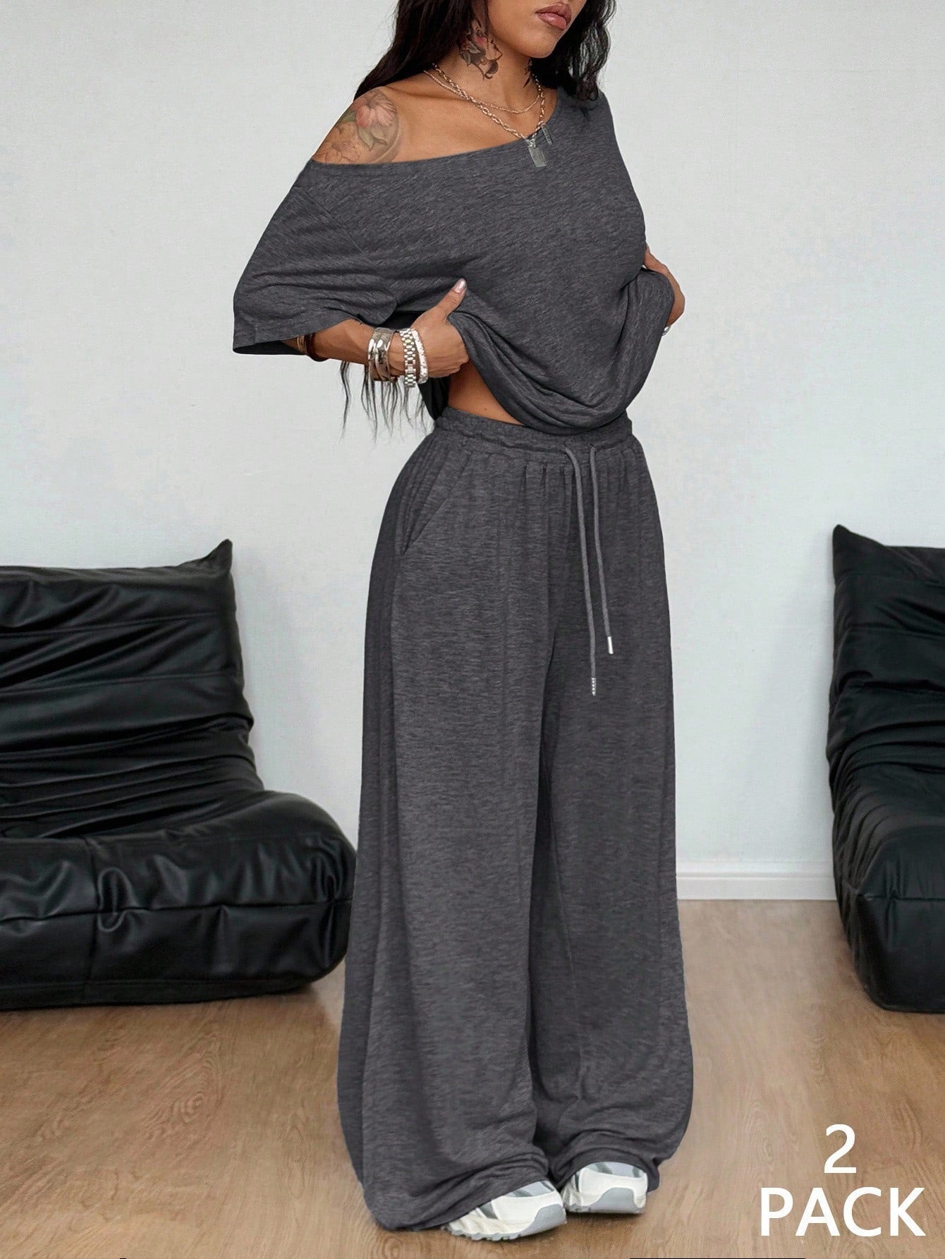 Casual 2 Pieces Set For Woman Two Piece Outfits Blusas T Shirt Tees Simple Style Homewear Loose Solid Color